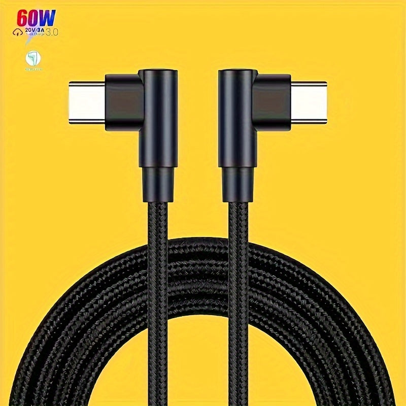 60W USB-C to USB-C Braided Charging Cable 90-Degree Right Angle Data Transfer Compatible with Smartphones Tablets