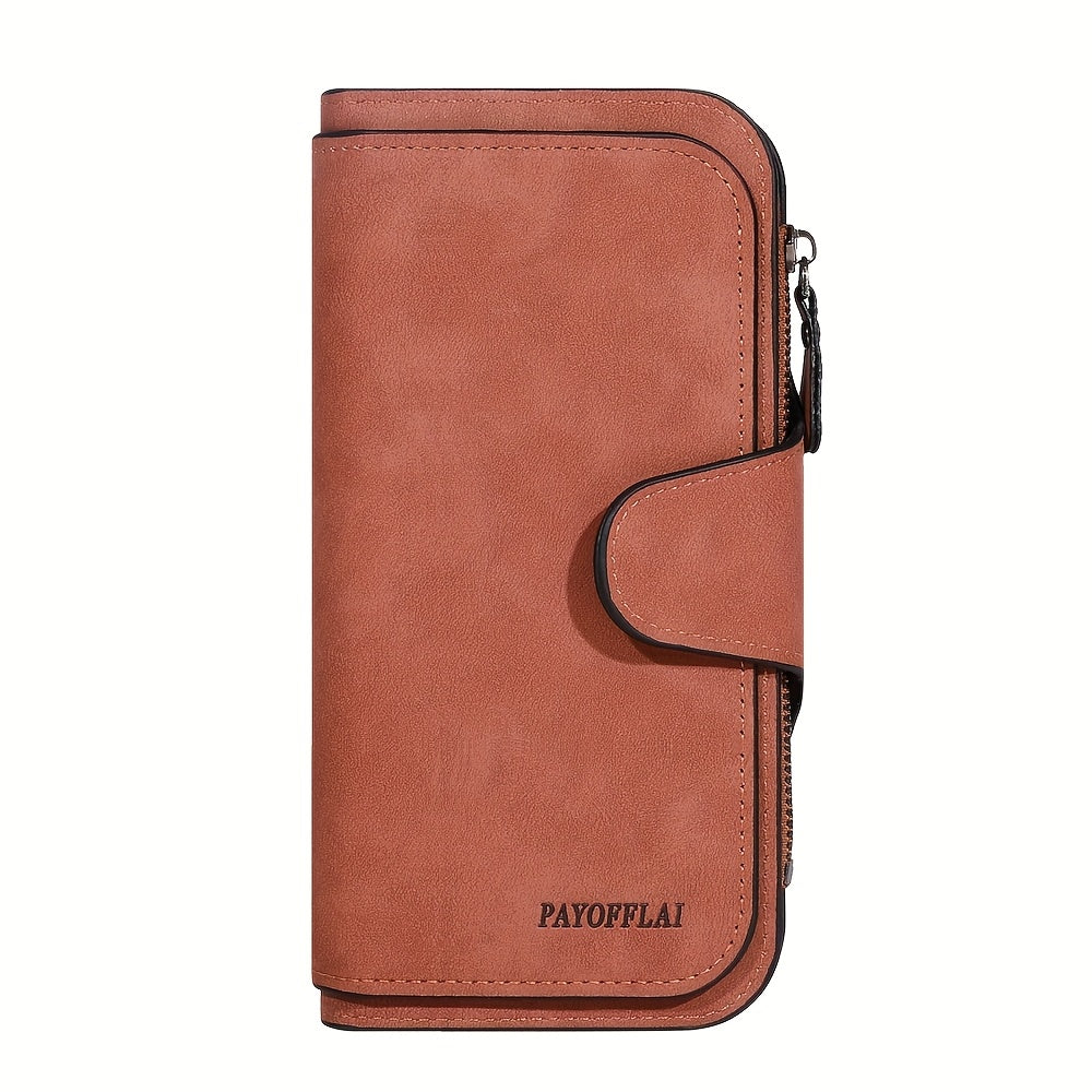 Yangi vintage uslubidagi ayollar uchun uzun hamyon, sun'iy charmdan tayyorlangan, tugmachali yopiq, zip cho'ntak, naylon astar, ko'p kartochka joylari va chet bo'yash tafsiloti bilan.