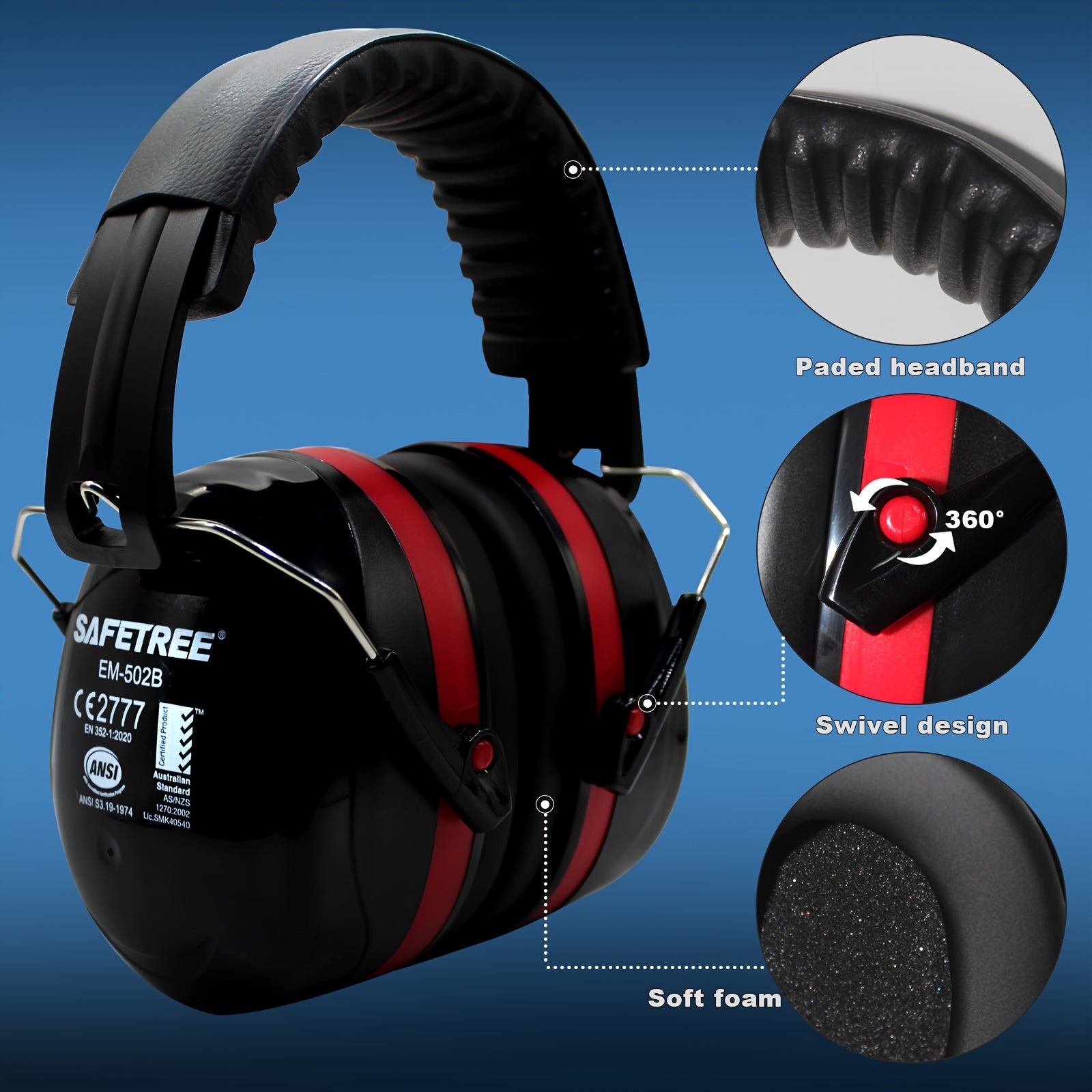 Heavy-Duty Noise Cancelling Ear Muffs with Thickened Headband SNR 33dB for Gardening Construction Work