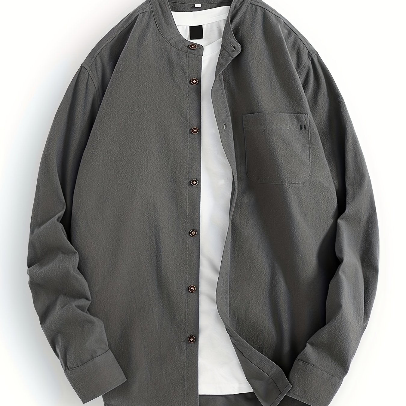 Мужская хлопковая повседневная рубашка с длинным рукавом, мандариновый воротник, однотонный цвет, классический крой для весны и осени