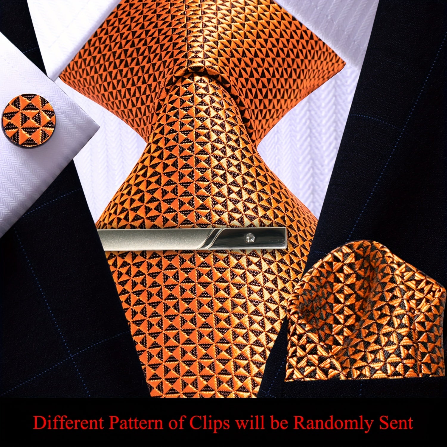 Men's Plaid Tie Pocket Square Cufflinks and Clip Set