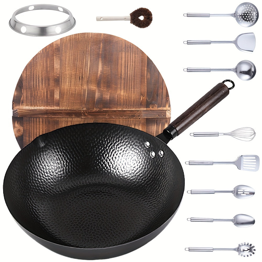 Набор воков из 12 предметов с 32-сантиметровой ковшовой сковородой из кованого железа, антипригарной, совместимой с индукцией