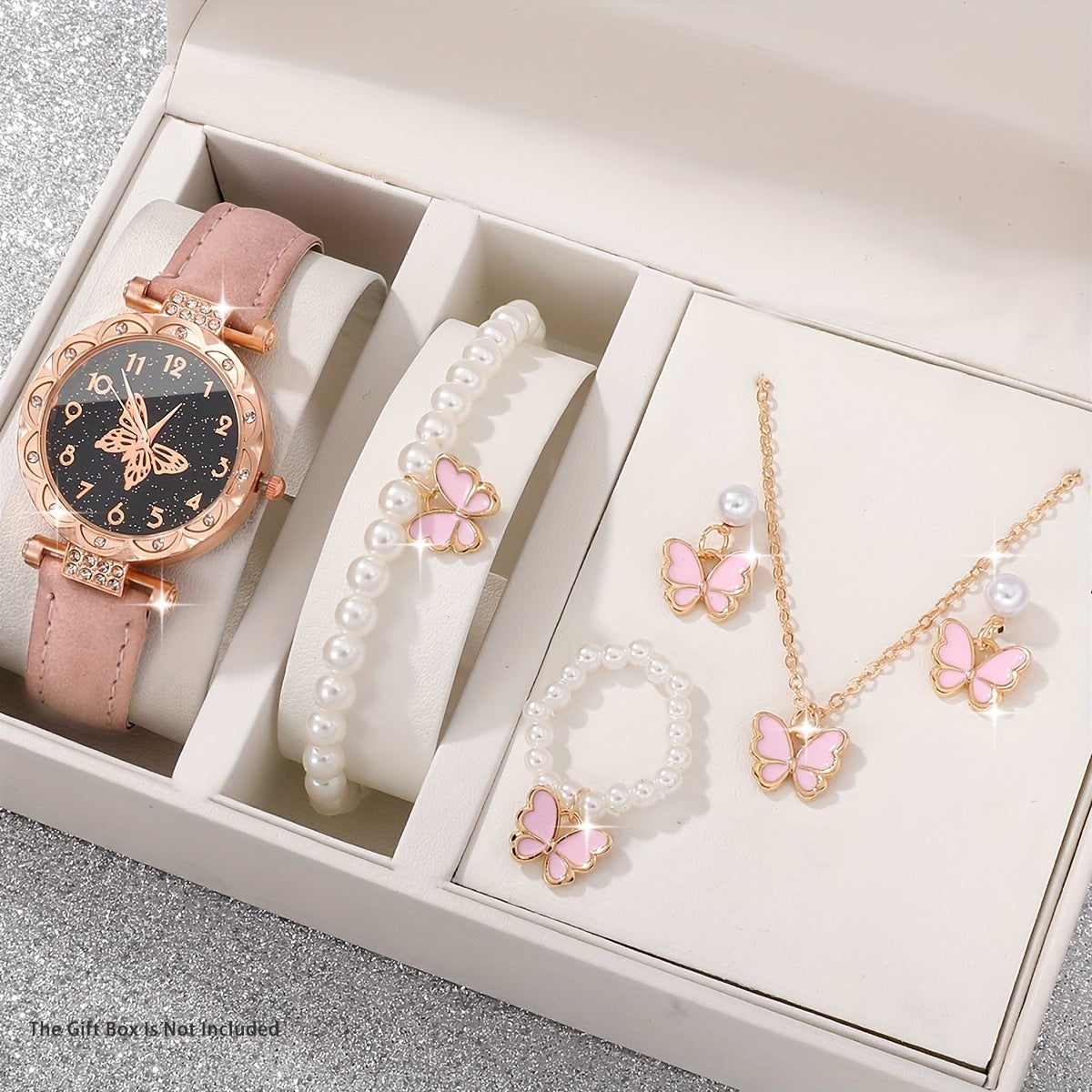Set of 6 Women's Elegant Butterfly Rhinestone Quartz Watches with Leather Bands and Jewelry