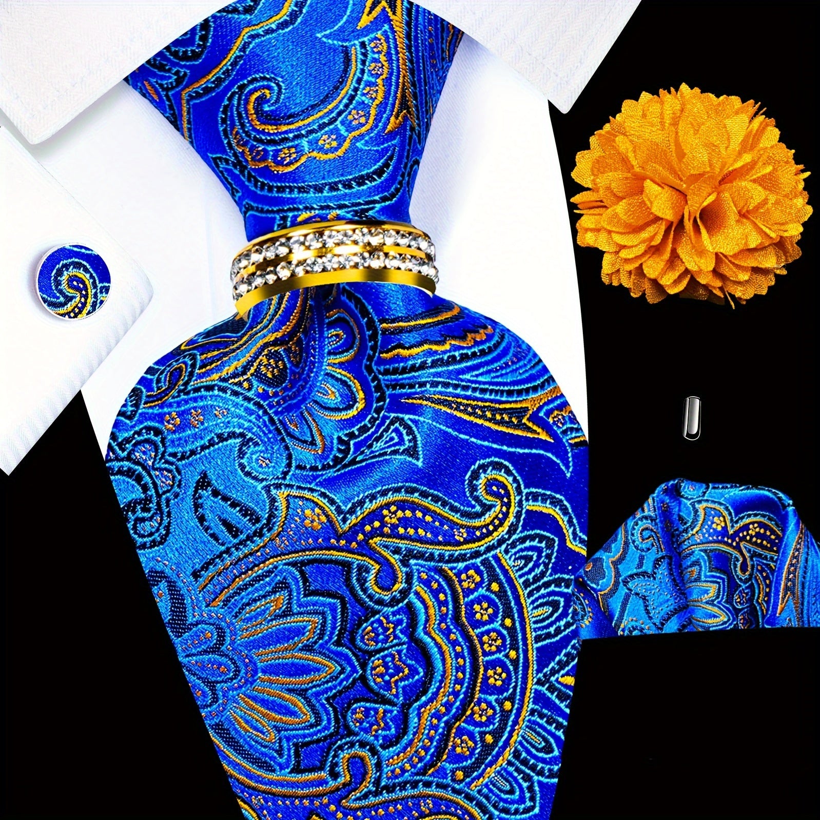 Men's Accessories Set Tie Pocket Square Cufflinks Lapel Pin Tie Ring for Wedding Groom