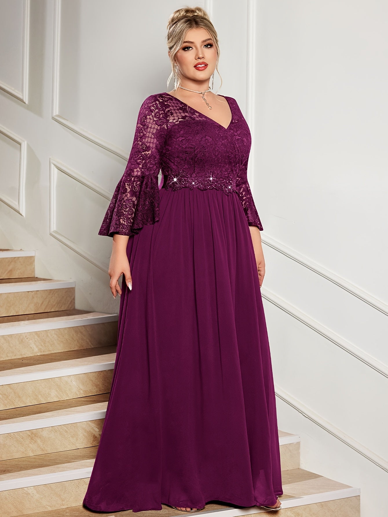 Plus Size Lace V-Neck Gown with Bell Sleeves and Pleated Skirt for Formal Events