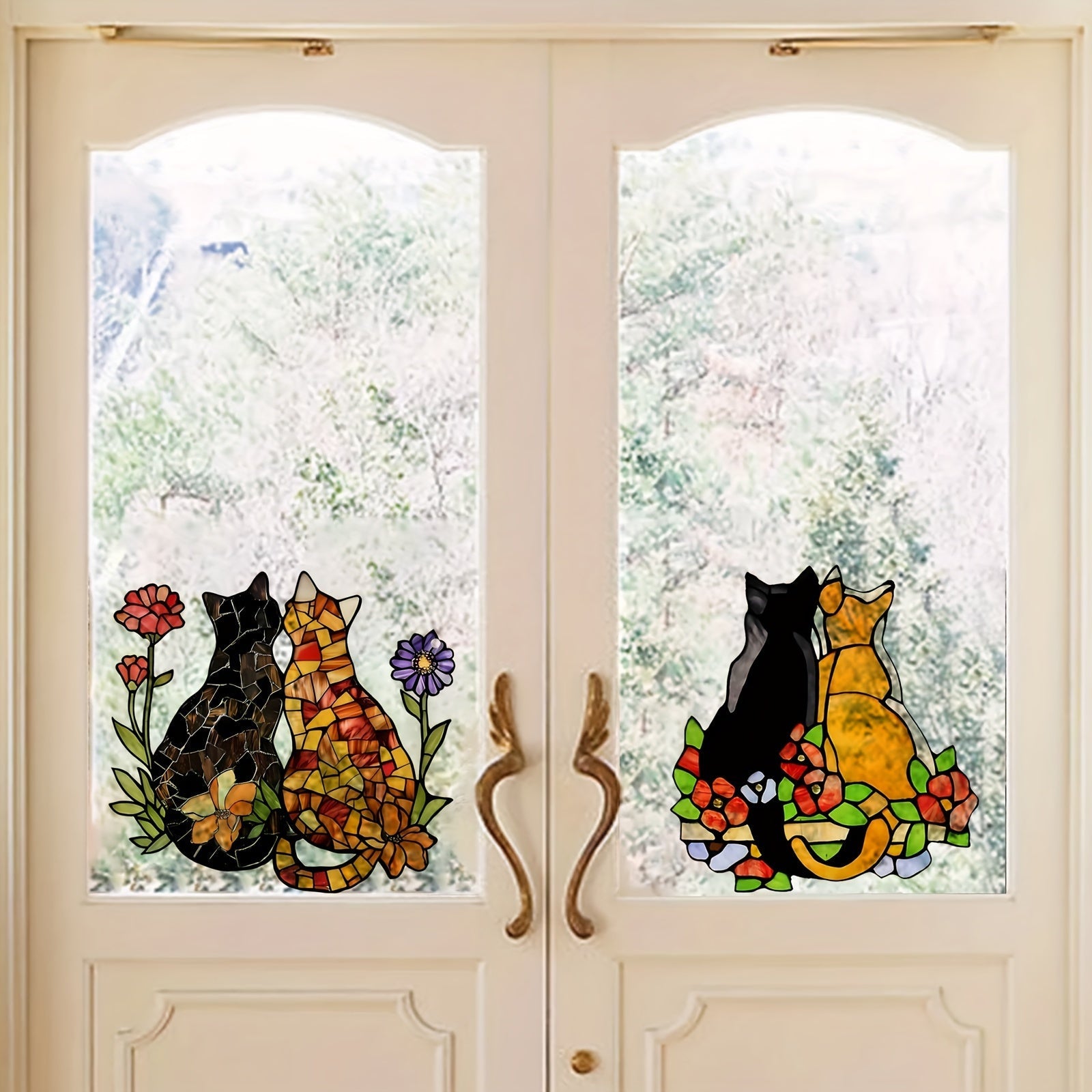 Decorative Stained Glass Window Sticker Black and Orange Cat Flowers 20cm