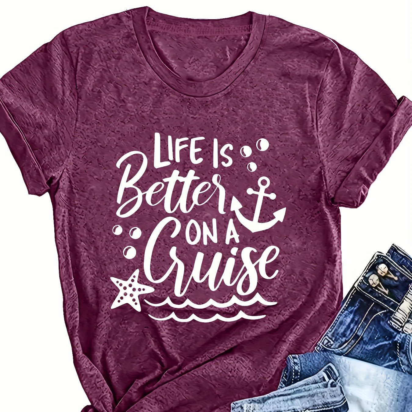 Plus Size Women's Cruise & Anchor Print T-Shirt Short Sleeve Crew Neck