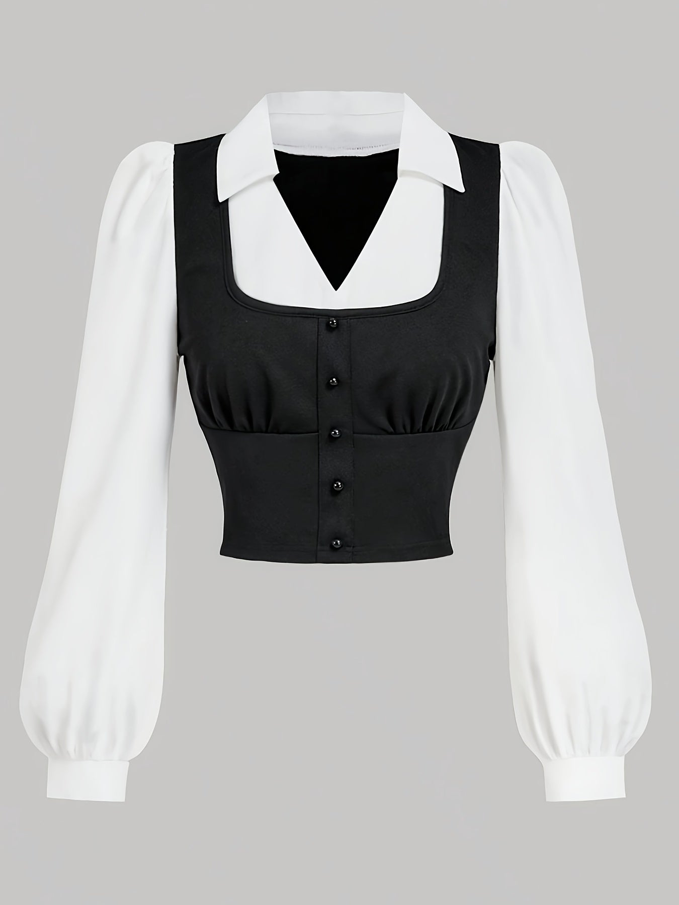 Women's Black and White Patchwork Blouse with Collar and Long Sleeves