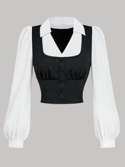 Women's Black and White Patchwork Blouse with Collar and Long Sleeves