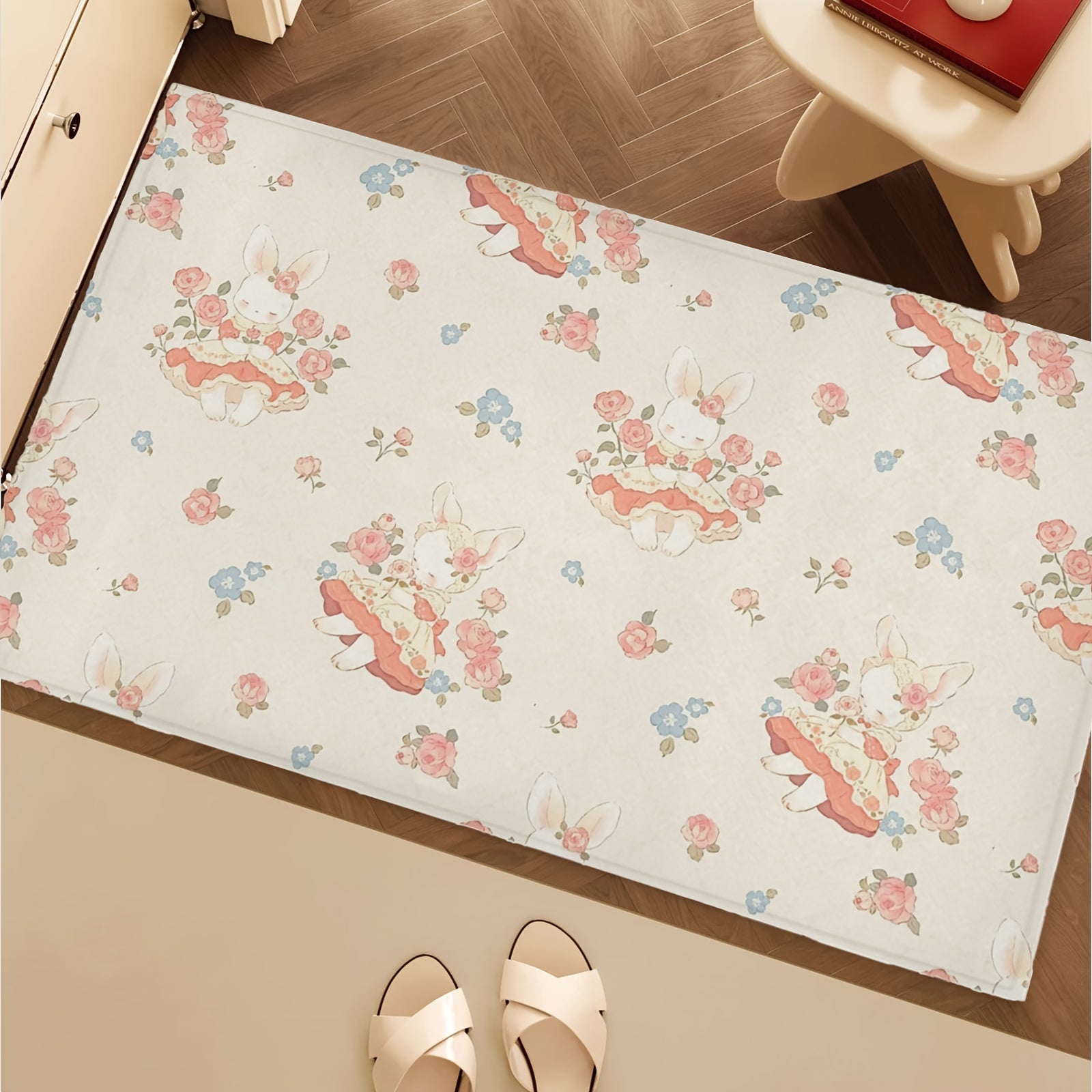 Rabbit and Floral Design Kitchen Floor Mat 76cm x 46cm Non-Slip Comfortable