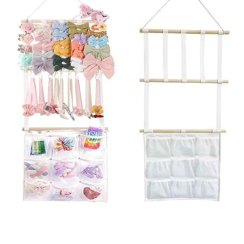 Hair Accessory Organizer with 10 Hooks and Hanging Display Pocket for Jewelry Storage