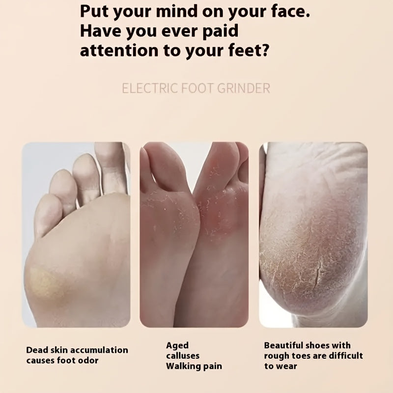 Elektr oyoq qattiq teri olib tashlovchi, almashtiriladigan soch olib tashlash boshiga va sozlanadigan tezlik nazoratiga ega, qulay foydalanish uchun USB orqali zaryadlanadi.