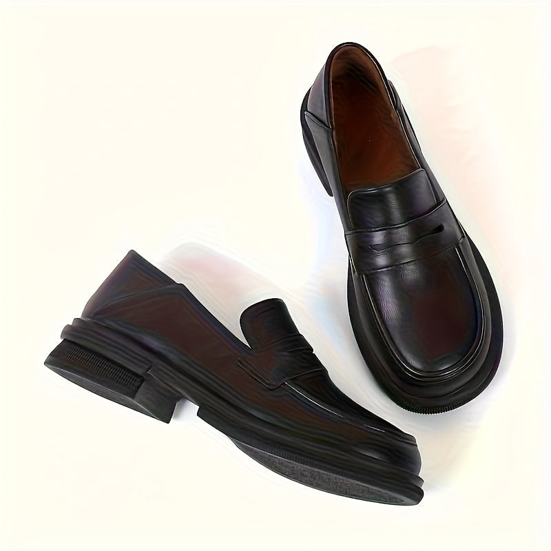 Women's Black Penny Loafers Leather-Style Round Toe All-Season Slip-On