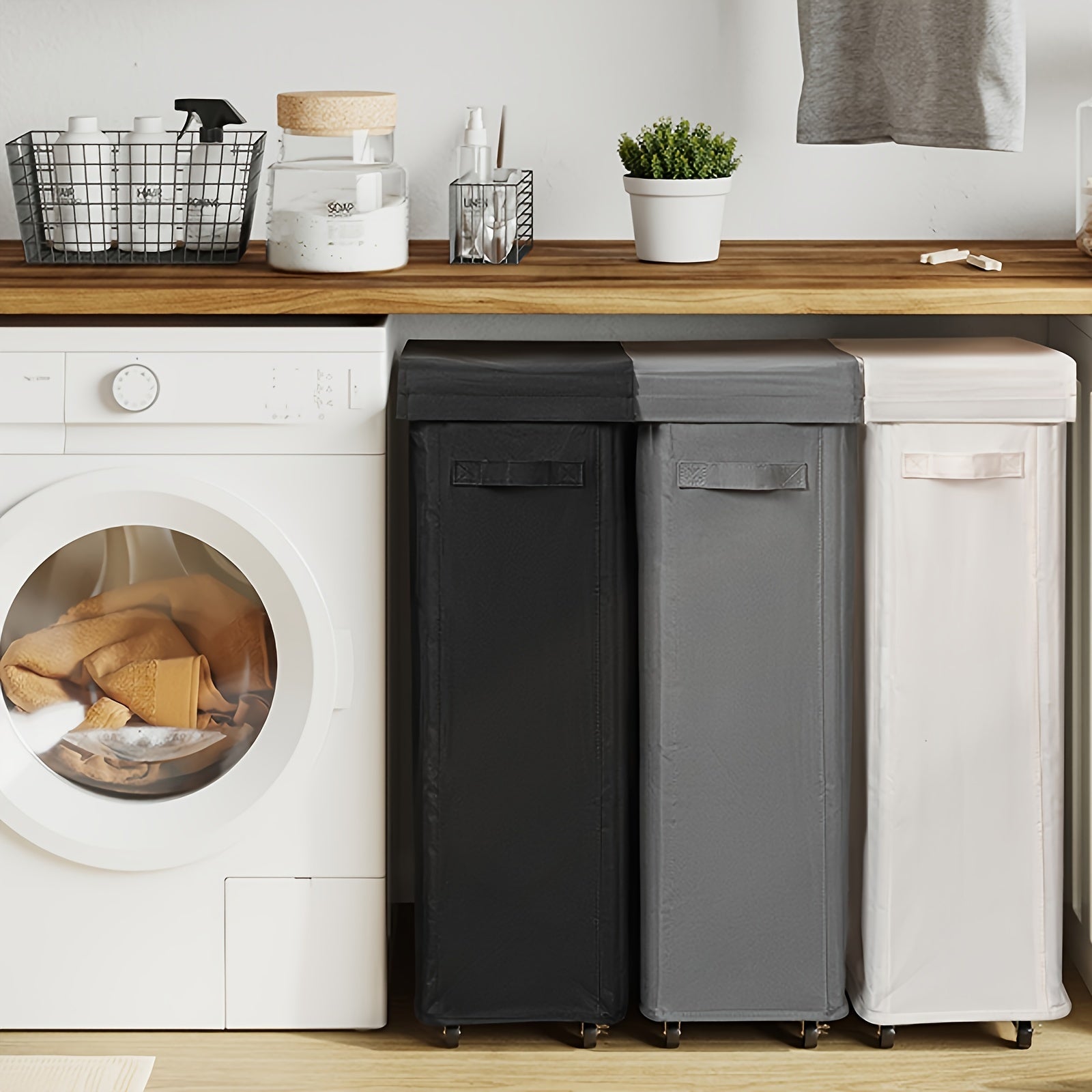 Cesta de lavandería de tela con ruedas 65L, cesta plegable portátil para baño, dormitorio, hogar