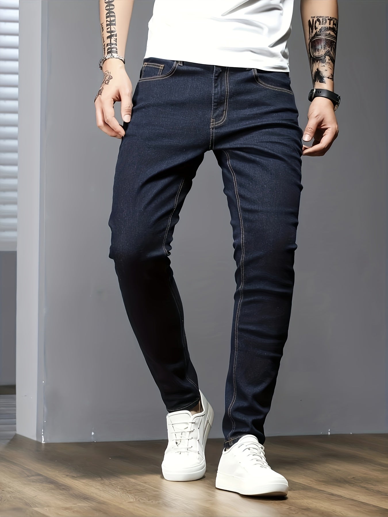 Men's Slim Fit Jeans Solid Color Stretch Denim Raw Wash All-Season