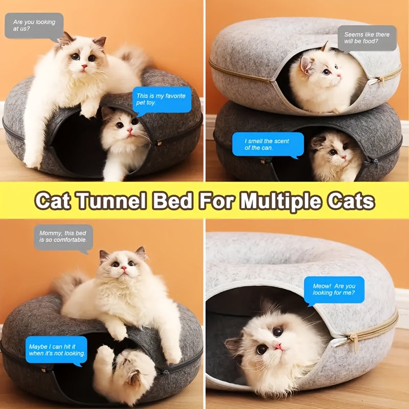 Donut-Shaped Cat Bed with Felt Tunnel and Canvas House for Small to Medium Cats Ferrets and Rabbits
