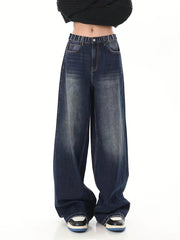 Teen Wide Leg Denim Jeans with Elastic Waist and Side Pockets for All Seasons