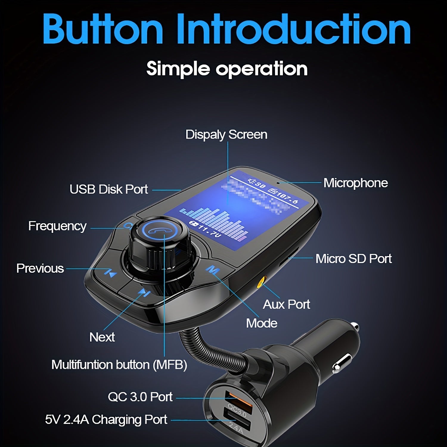 Kit de adaptador transmisor FM inalámbrico para coche con pantalla a color y cargador USB