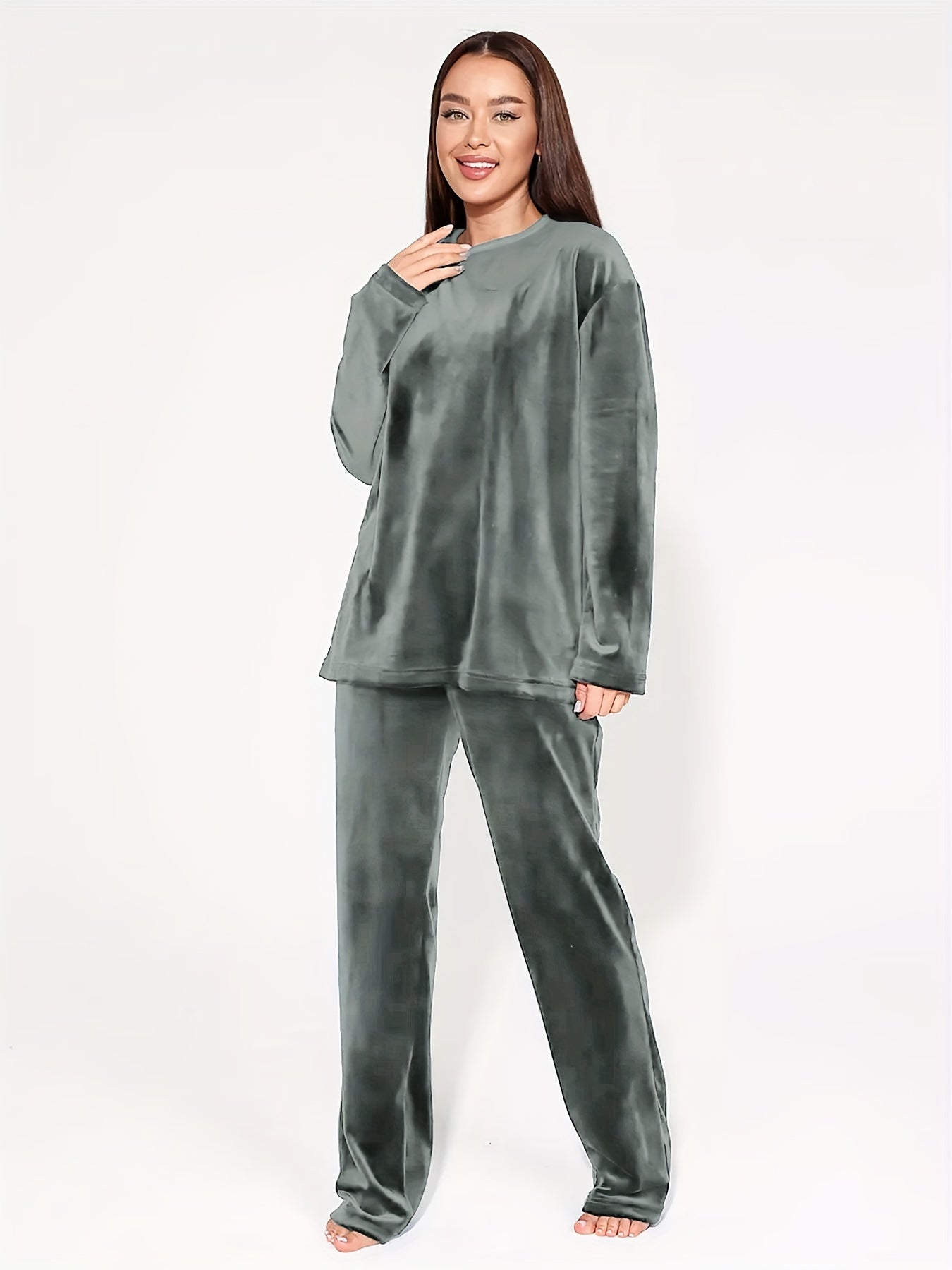 Women's Gold Velvet Two-Piece Suit with Long Sleeves and Trousers