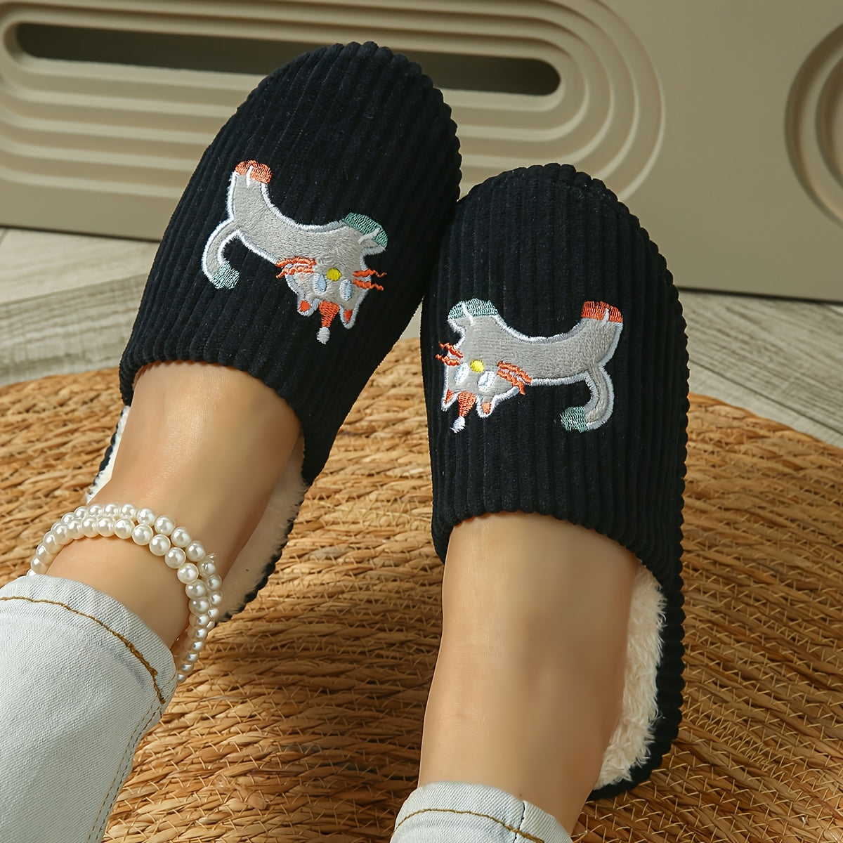 Women's Plush Cat Hat Slippers Soft Fabric Non-Slip Indoor House Shoes