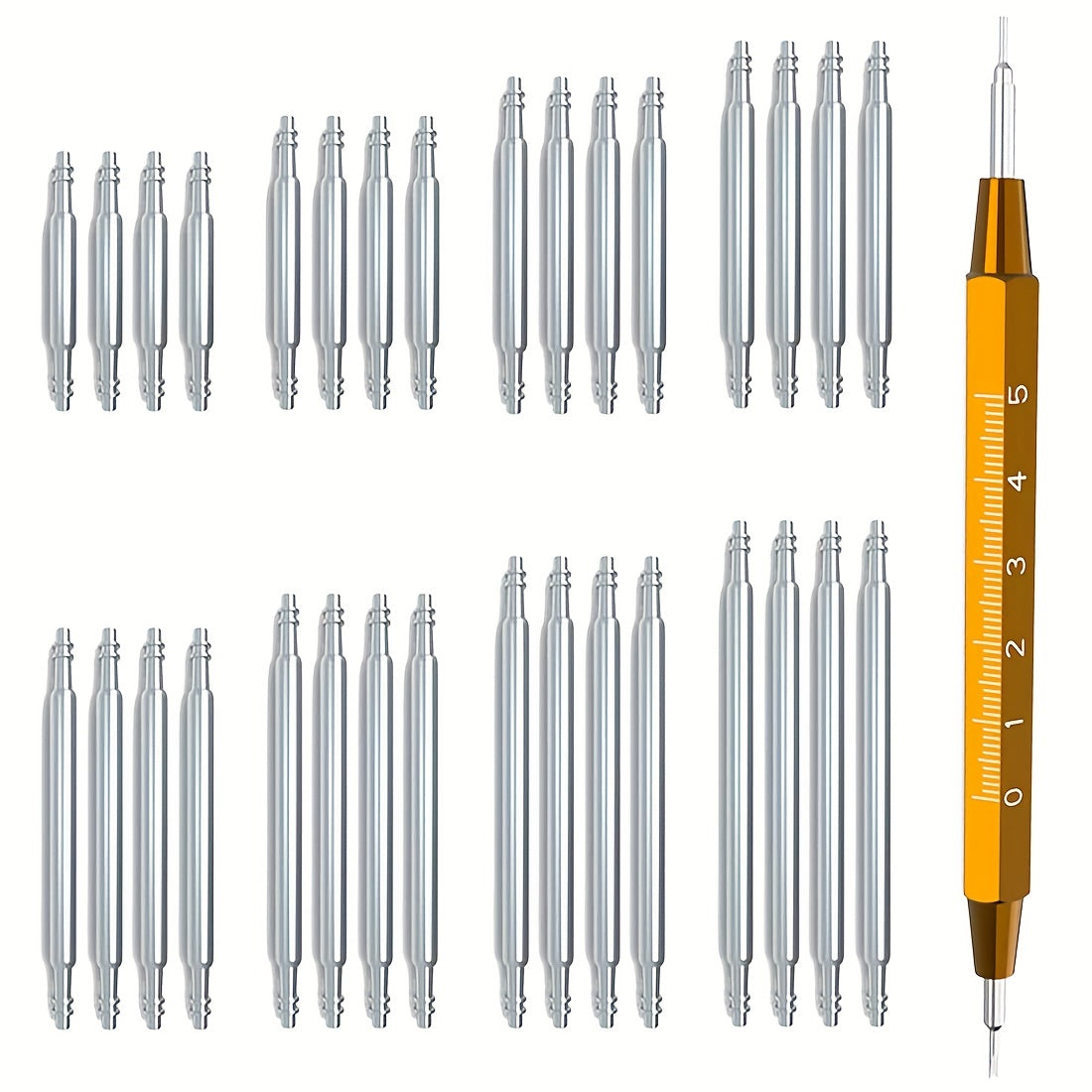 Soat tasmasini almashtirish vositalari to'plami 33 ta qismdan iborat bo'lib, unda 32 ta og'ir vaznli zanglamas po'latdan yasalgan soat tasmasi pinlari bilan birga bahor bar vositasi mavjud. Bu soat ixlosmandlari uchun mukammal sovg'a tanlovi.