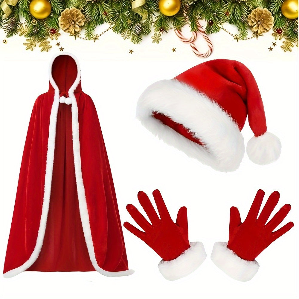 Conjunto de accesorios de Santa Claus de Navidad para mujer, capa con capucha de terciopelo, sombrero y guantes