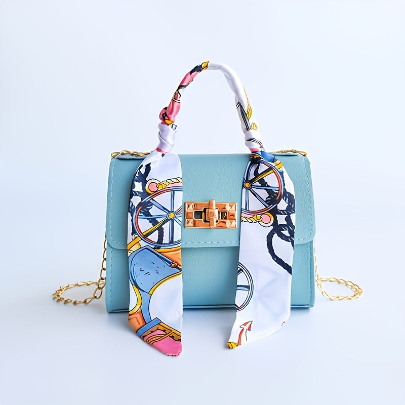 Women's PU Leather Crossbody Bag with Geometric Print and Scarf Accent