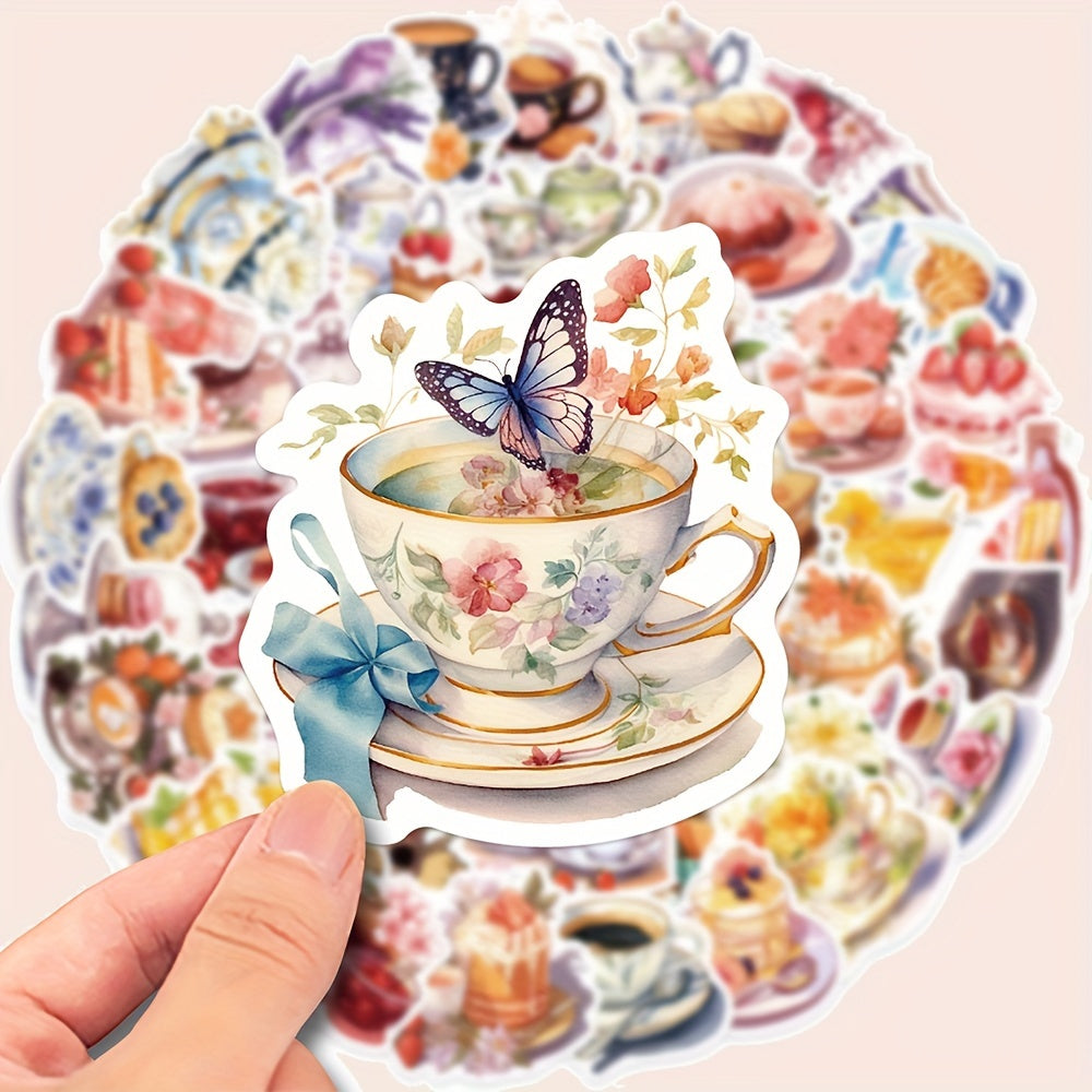 Set of 50 Waterproof Afternoon Tea and Dessert Stickers for Laptops, Phones, Notebooks