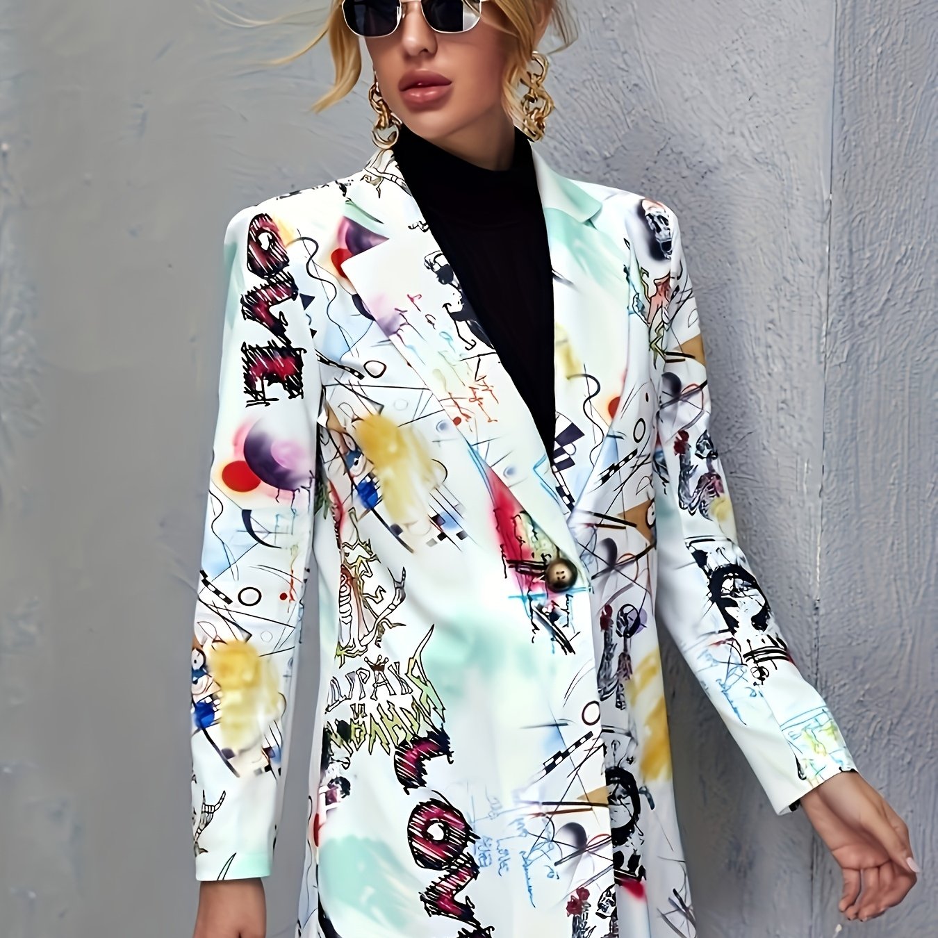 Plus Size Graffiti Print Blazer with Long Sleeves Open Front Casual Outerwear