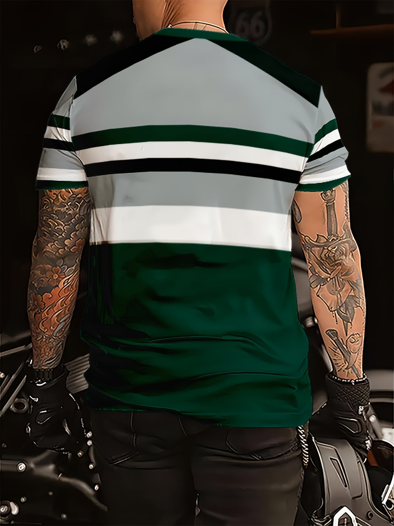 Camiseta de manga larga para hombre de poliéster a rayas, ajuste regular, para todas las estaciones, verde y blanca