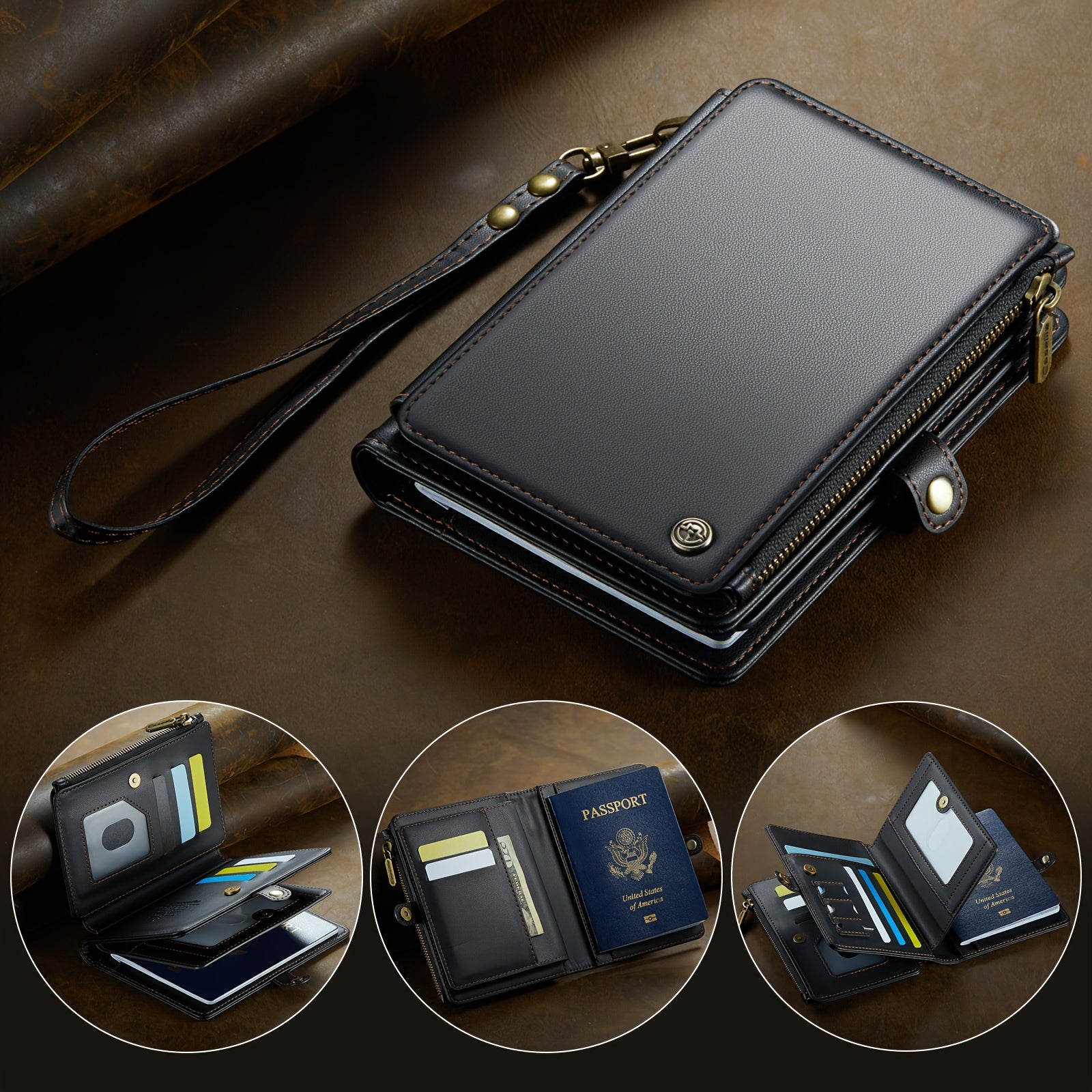 Faux Leather Passport Organizer with Zipper Coin Purse 11 Card Slots Cash Slots and Protective Cover