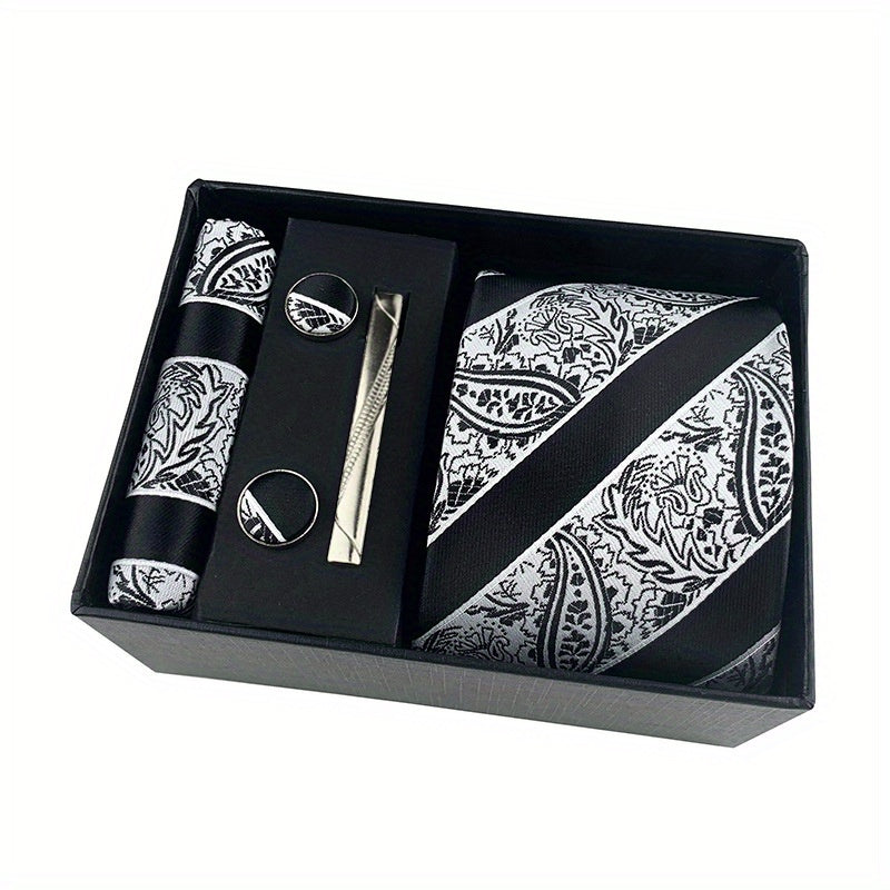 Мужской черный галстук с пейсли, комплект с квадратным шарфом, запонками и зажимом для галстука
