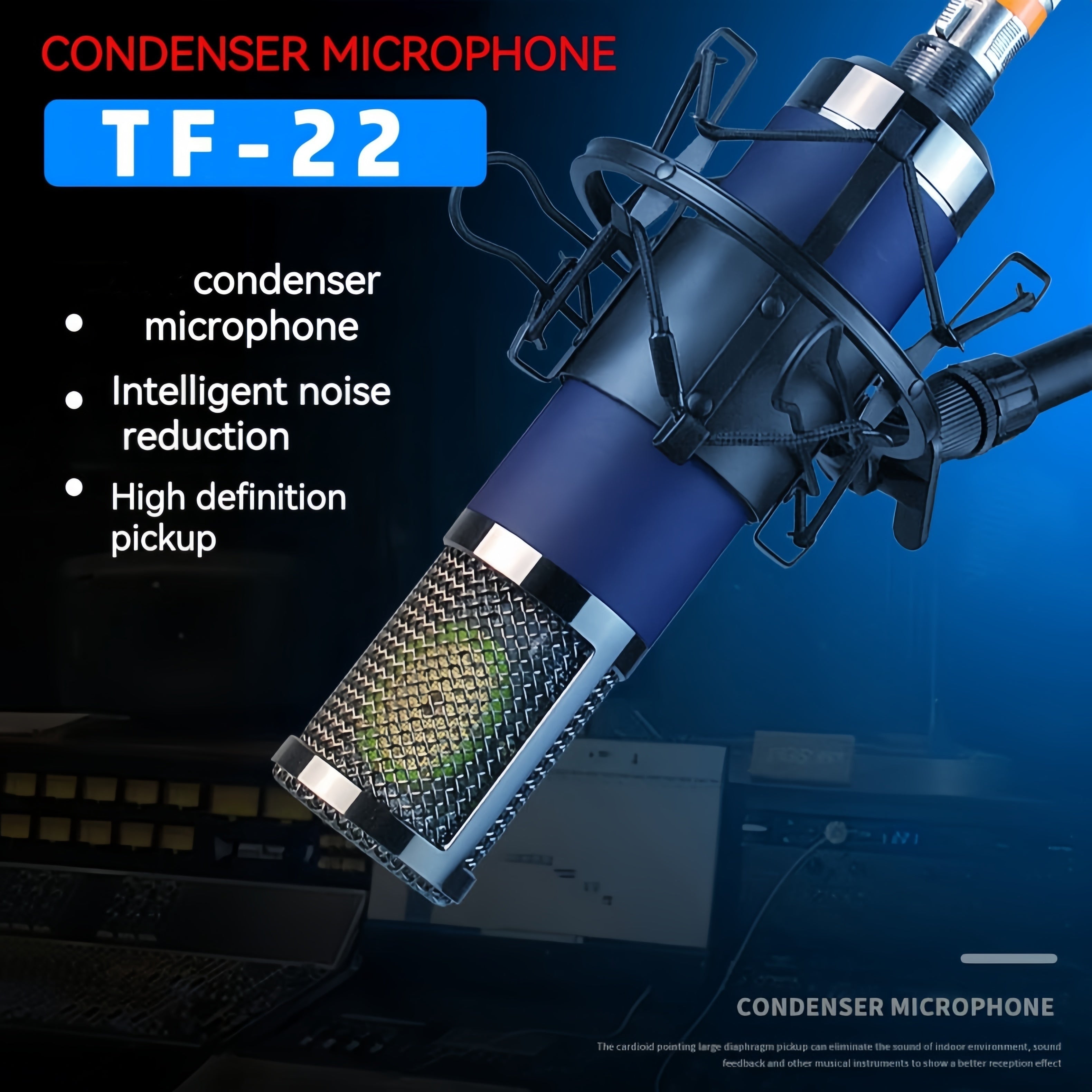 Большой диафрагменный XLR-микрофон для прямых трансляций, записи, пения, игр, видеоконференций, глубокий голубой
