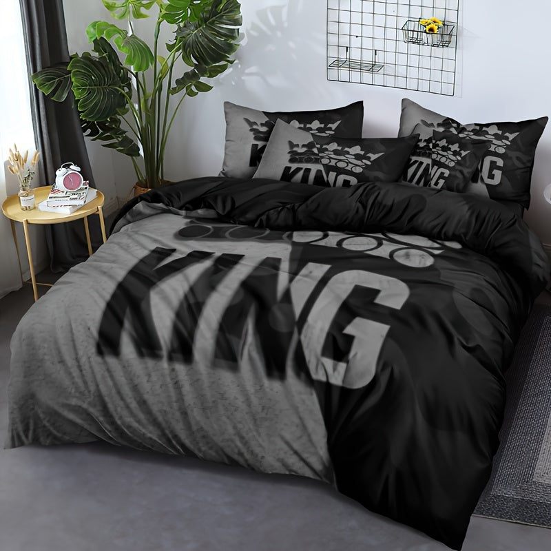 King Size Gray and Black Duvet Cover Set with Pillowcases Soft Bedding for Bedroom Guest Room Dorm