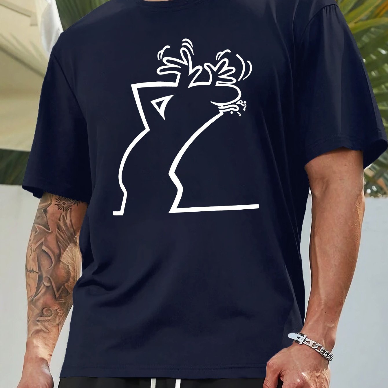 Мужской летний повседневный топ с геометрическим принтом и круглым вырезом из полиэстера, увеличенный размер