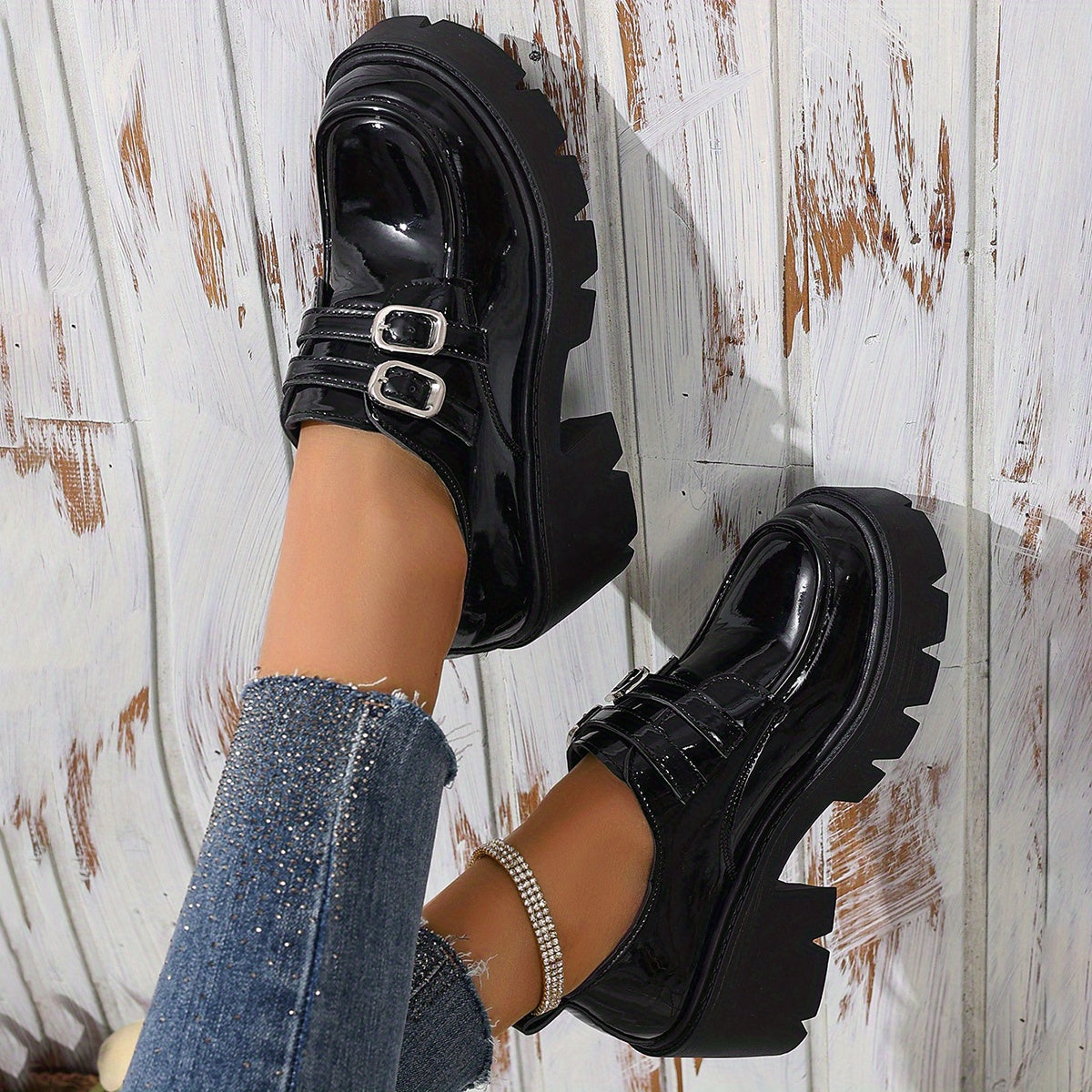 Women's Black Platform Loafers with Chunky Heel and Round Toe