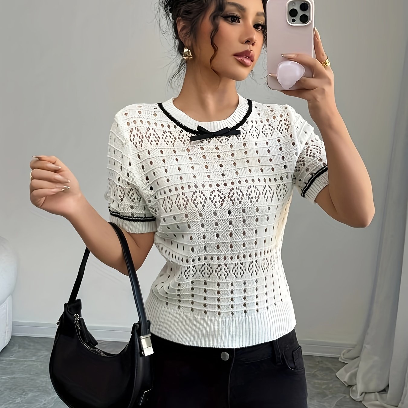 Women's Knit Summer Short Sleeve Top Round Neck Breathable Lace Pullover