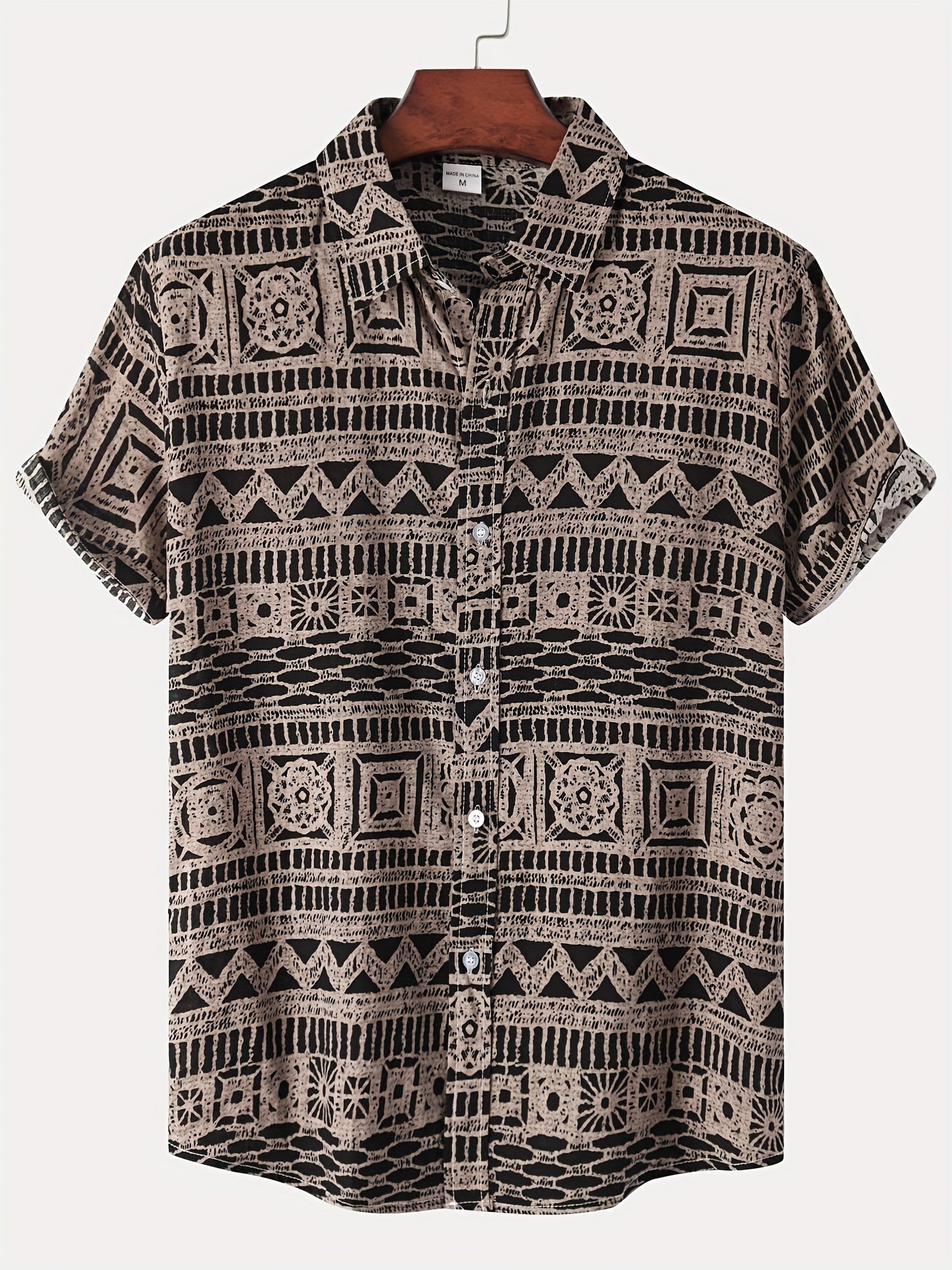Men's Cotton Blend Short Sleeve Button-Up Shirt with Geometric Print for Summer