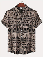 Men's Cotton Blend Short Sleeve Button-Up Shirt with Geometric Print for Summer