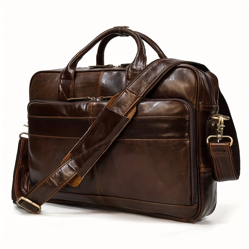Men's Genuine Leather Briefcase with Laptop Compartment and Adjustable Shoulder Strap