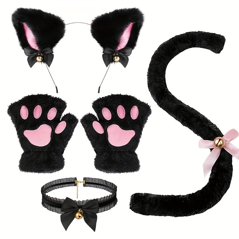 Black Cat Ear Hoop and Tail Necklace Halloween Costume Accessories Set