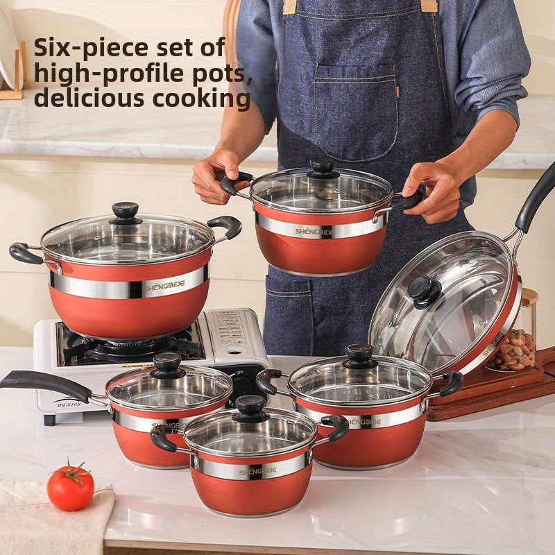 Set of 6 Stainless Steel Cookware Set with Frying Pan Soup Pot and Induction Compatible