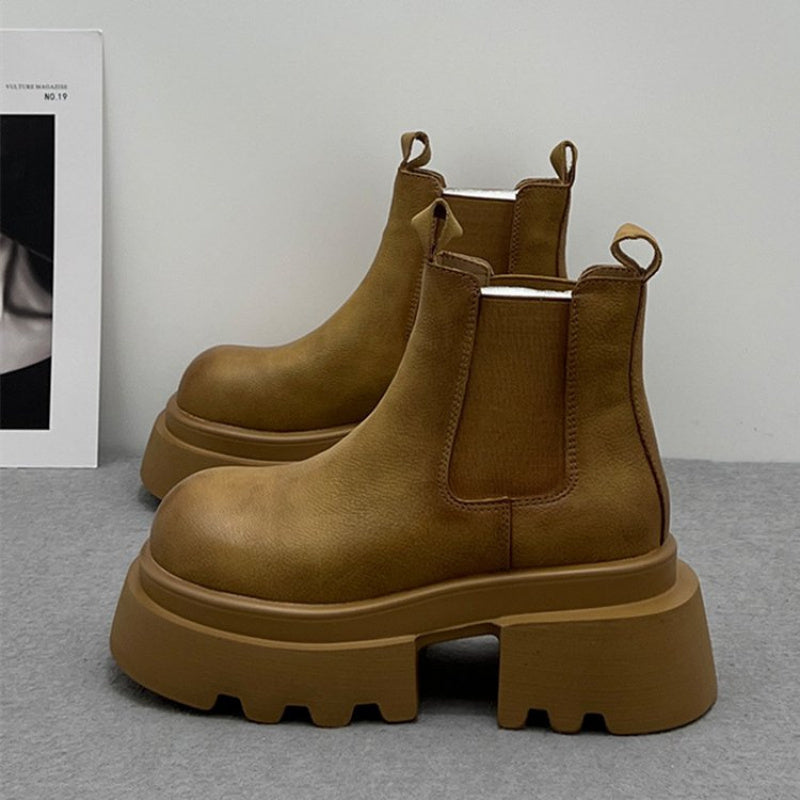 Women's Chunky Platform Boots Slip-On Thick Sole Non-Slip Rubber Brown Black Winter