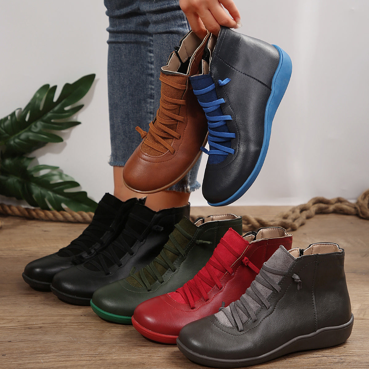 Women Ankle Boots Synthetic Leather Non-Slip Flat Heel Casual Autumn