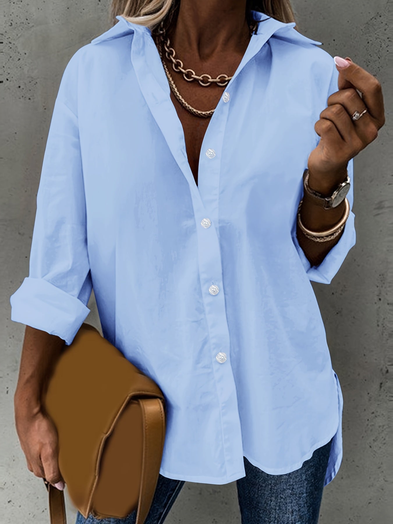 Plus Size Women's Light Blue Casual Long Sleeve Shirt with Button Front