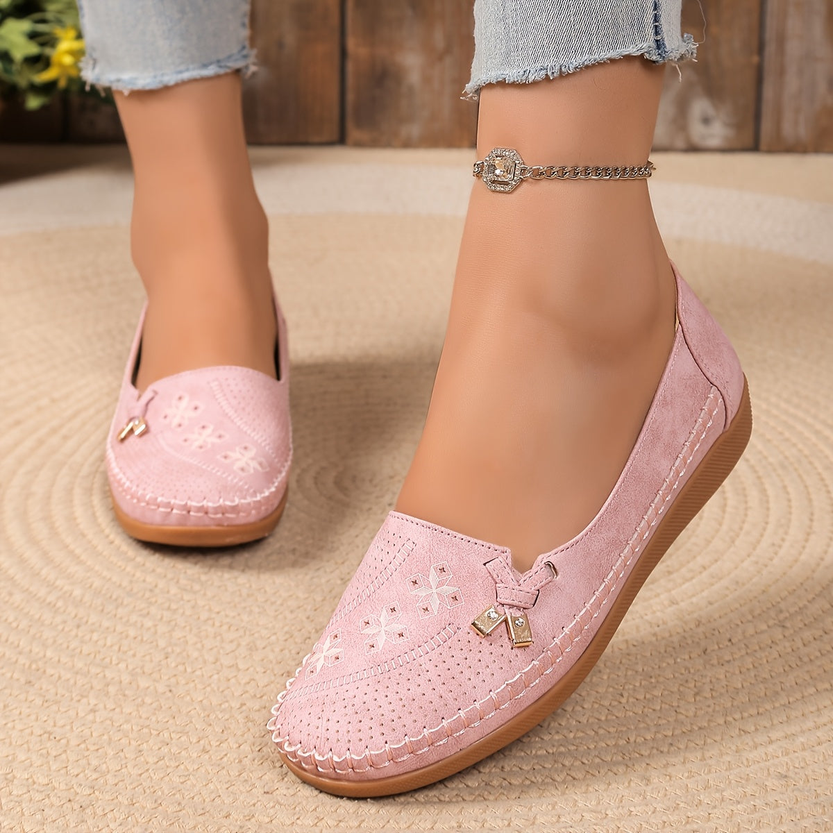 Women's Pink Synthetic Slip-On Loafers with Bow and Geometric Pattern