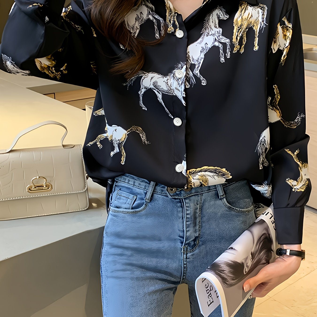 Plus o'lcham ayollar uchun ot bosma uzun ko'ylak, bahor va kuz uchun, tugma bilan old qismi kiyim