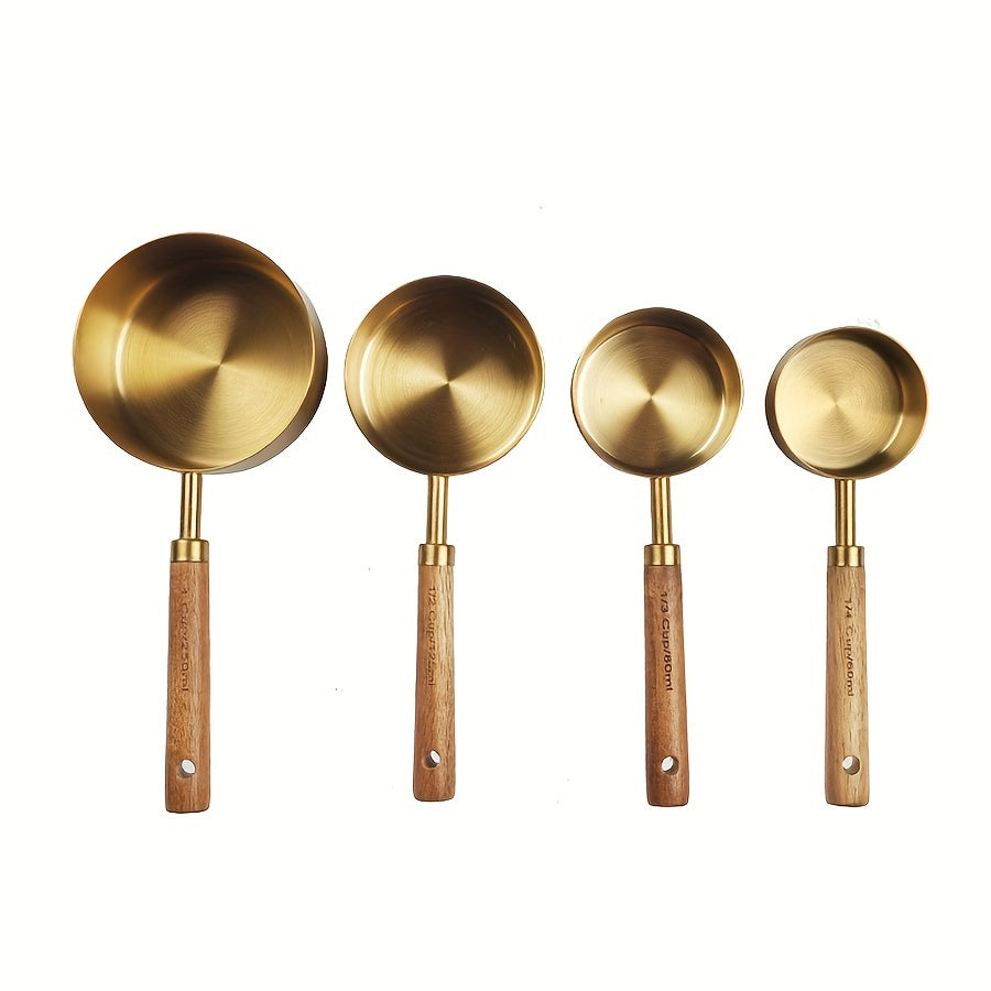 Set of 4 Stainless Steel Measuring Cups and Spoons with Wooden Handles