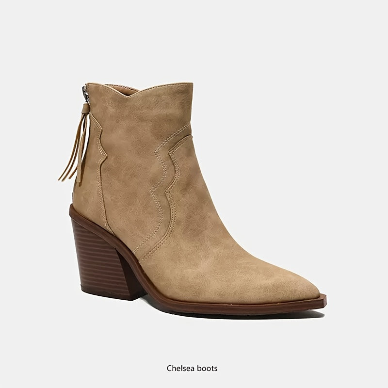 Women's Chunky Block Heel Boots Brown Pointed Toe Zipper Slip-Resistant All-Season