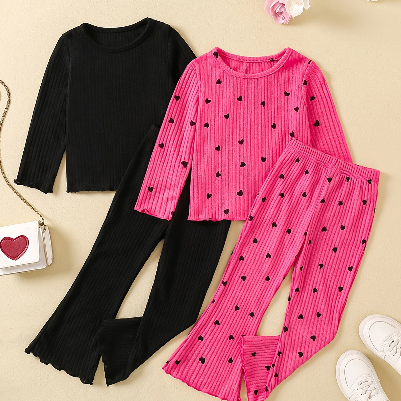 Conjunto de ropa de punto para niñas con bordes con volantes en poliéster negro y rojo para primavera y otoño